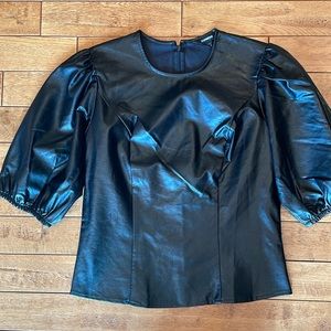 NWOT Express Black Faux Leather Top With Short Puff Sleeves Size S